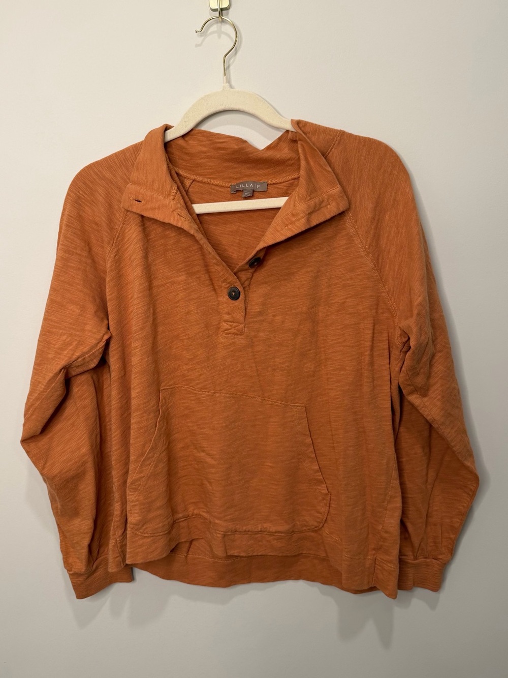 Lilla P Burnt Orange Cotton Slub Pullover Top Womens Size Medium Long Sleeve